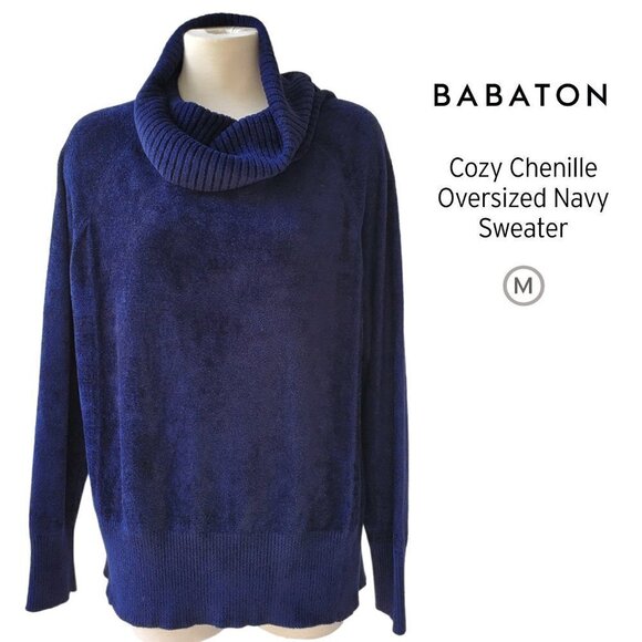 Aritzia Babaton Group Cozy Chenille Oversized Turtleneck Navy Blue Size M - Picture 1 of 16